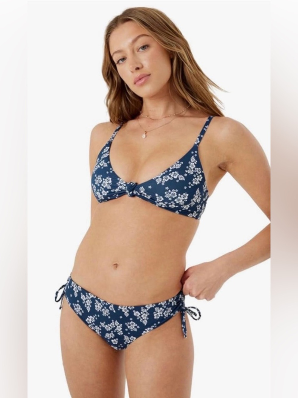 NWT Roxy Twist Bralette & Hipster Bottoms Bikini Set in Blue & White, sz Medium